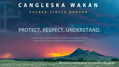 "Cangleska Wakan" text is overlayed on a photo of Bear Butte in a thunderstorm