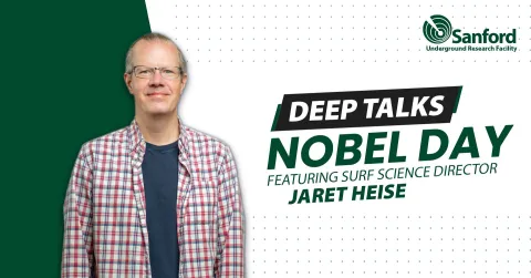 graphic includes a photo of a person smiling and the text "Deep Talks: Nobel Day featuring SURF science director Jaret Heise"