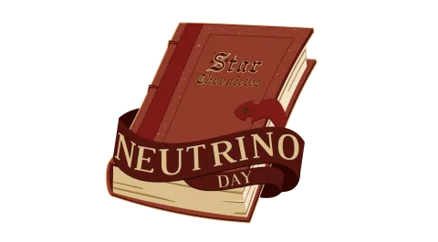 A leather-bound book with "Star Chronicles" inscribed on the cover and a banner that reads "Neutrino Day"