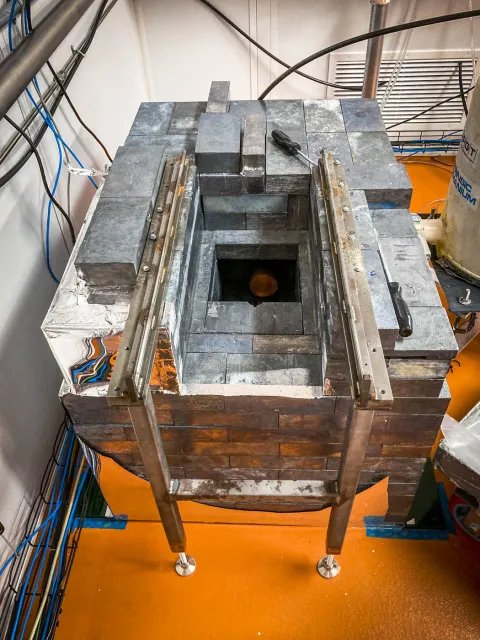  partially-dismantled shield of lead bricks around a low background counter