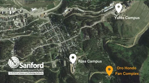 Google Maps satellite image of the Lead area, with the locations of the Ross Campus, Yates Campus, and Oro Hondo fan complex identified 