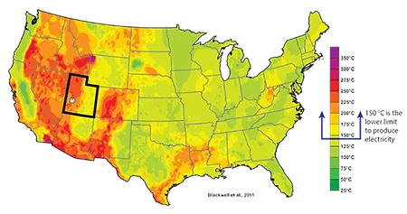 Color-coded map of the US underground temperatures at depth