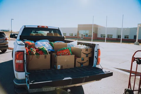 A pickup filled with STEM education supplies 