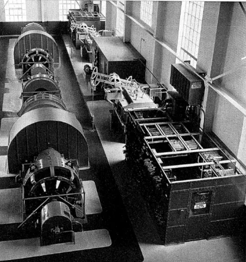 black and white photo of machinery in a room