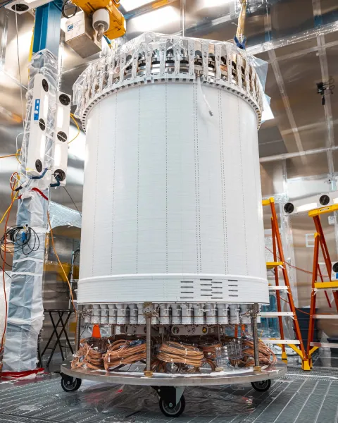 The recently assembled LUX-ZEPLIN xenon detector stands nearly 9 feet tall in the Surface Assembly Lab cleanroom at Sanford Underground Research Facility on July 26, 2019. Photo by Nick Hubbard, Sanford Underground Research Facility.