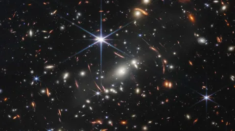 Gravitational lensing due to dark matter. Image from NASAs James Webb Telescope