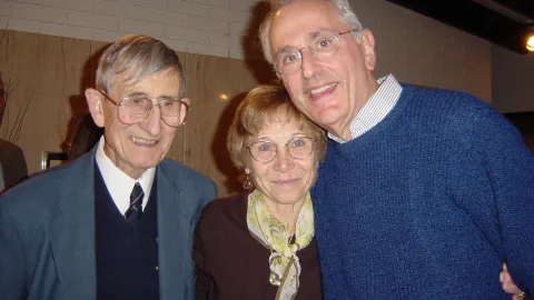 John Bahcall (right) with his IAS Physicists colleague Freeman Dyson and his wife (Imme); at the Bahcall's home in Princeton