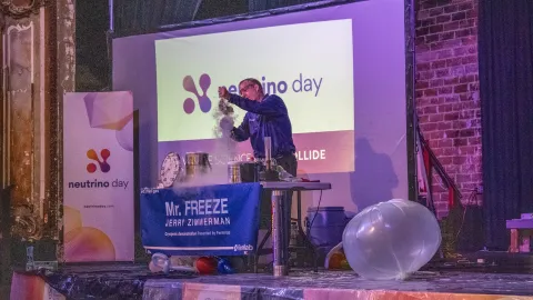 Mr. Freeze wows the crowd with liquid nitrogen vapor spilling over during his performance. 