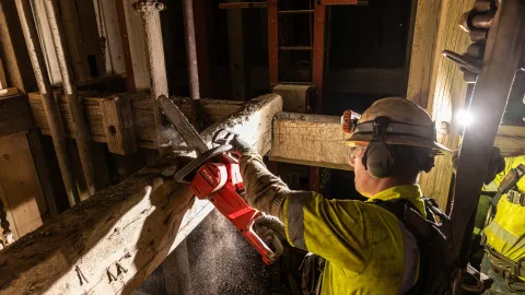 Cutting timber inside the Yates shaft 