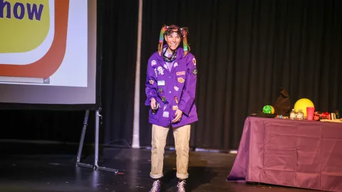 Professor Sko performs in the Homestake Opera House during the 2025 celebration of Neutrino Day in Lead, SD.