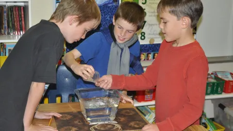 A groupd of students atttempt to keep a paper towel dry in a tub of water