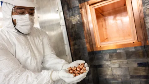 Researchers show the copper used as a medium in the electorform bath solution at SURF.
