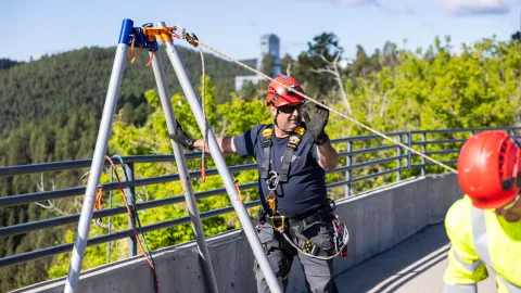 Rigging the rappel for the 2026 annual clean-up day at SURF. 